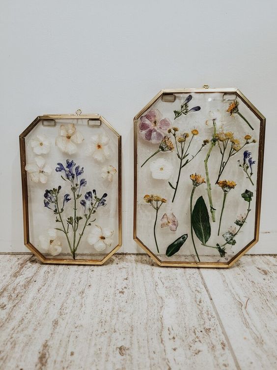 pretty geometric shaped frames with pressed neutral and pastel blooms and greenery are amazing for home decor