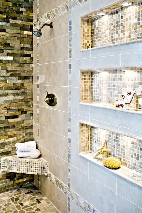 Stone shower shelf  Shower shelves, Subway tile design, Stone shower