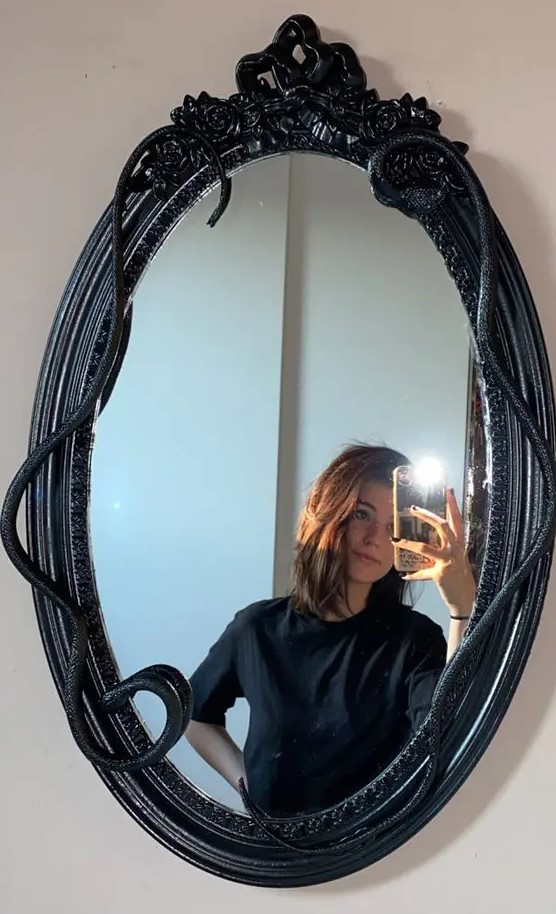 a black frame mirror with some snakes on the frame is a chic and spooky Halloween decoration