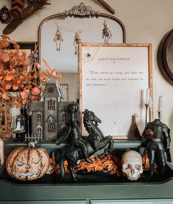 a mirror with a skeleton garland is a cool idea for a Halloween space, it looks cool