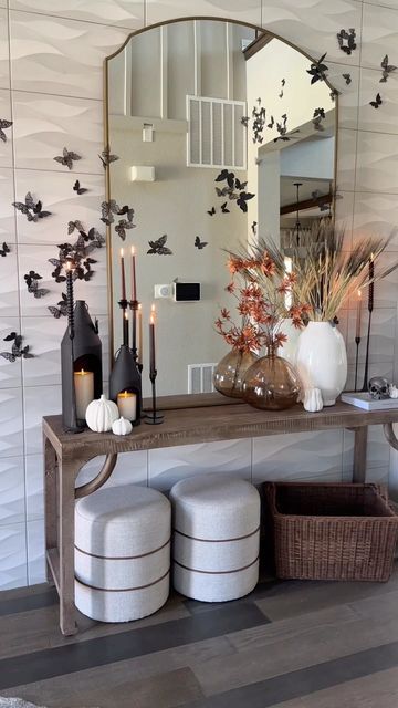 elegant Halloween mirror decor with black paper butterflies is a cool and chic idea that is non-typical