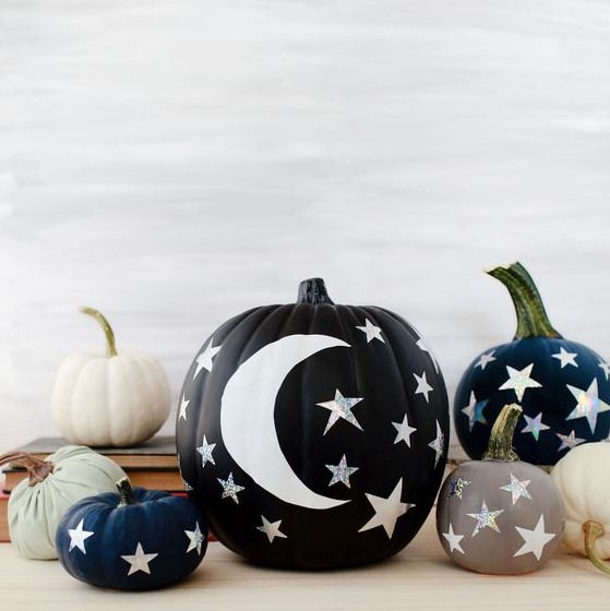 lovely grey, navy and black pumpkins with painted white stars and moons and lovely holographic star stickers are wow