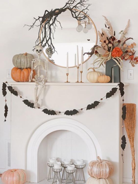a round mirror with black branches on top is a cool idea for Halloween, it's very easy to make