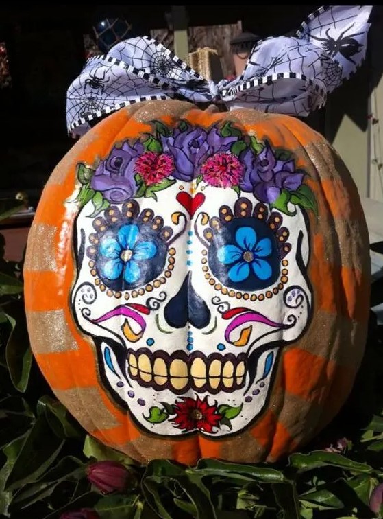 70 Cool Halloween Pumpkin Painting Ideas DigsDigs 51 A Colorful Sugar Skull Halloween Pumpkin Is A Creative Idea For Those Who Dont Want To Carve But Have Good Painting Skills