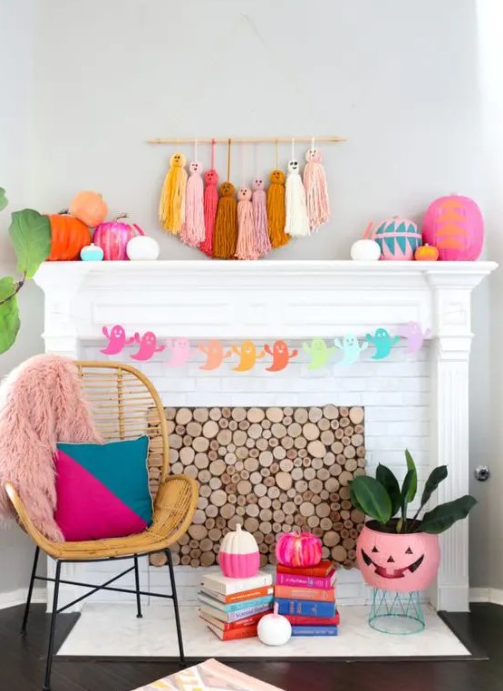 bright oversized tassel ghosts, colorful paper ghosts, color block pumpkins and patterns
