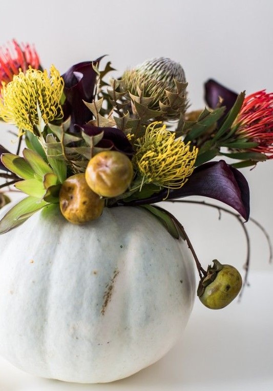 a chic Halloween centerpiece of a pale pumpkin, deep purple and red and yellow blooms, some fruits and a succulent