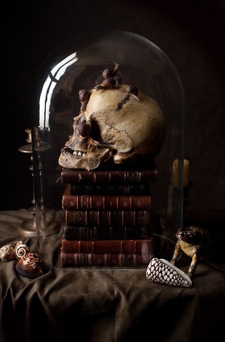 a cloche with a stack of books, a skull and snails is a scary and creative Halloween decor idea