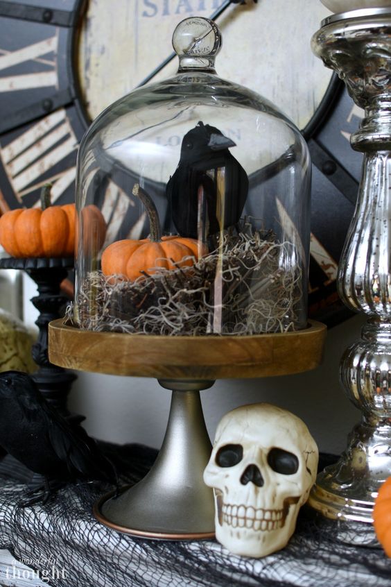 a cloche with moss, a pumpkin, a blackbird is a cool decoration for a Halloween mantel or an entryway console