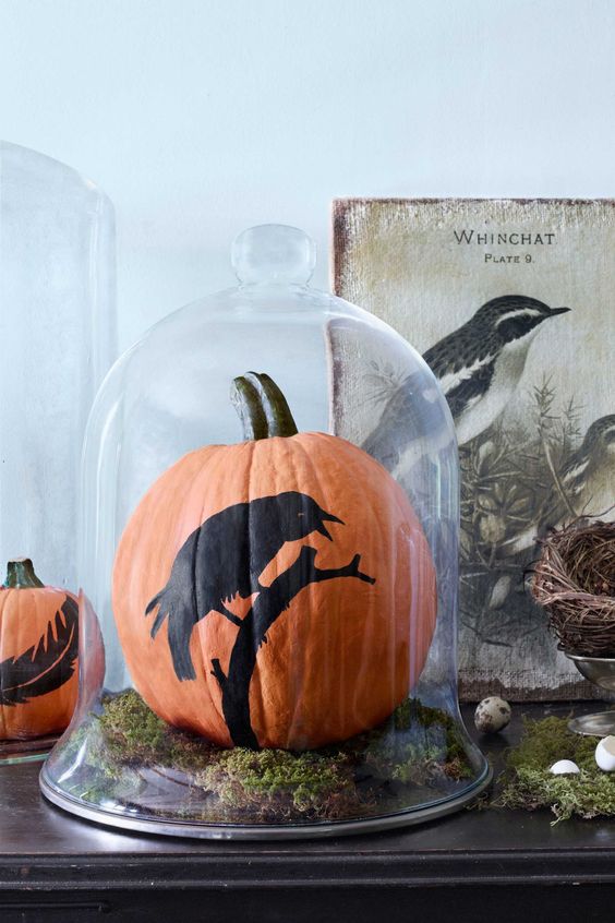 a cloche with moss and an orange pumpkin inside to accent how you decorated your pumpkin