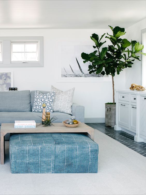 a coastal living room with a pale blue sofa, a wooden coffee table, a blue ottoman, a potted tree and printed pillows