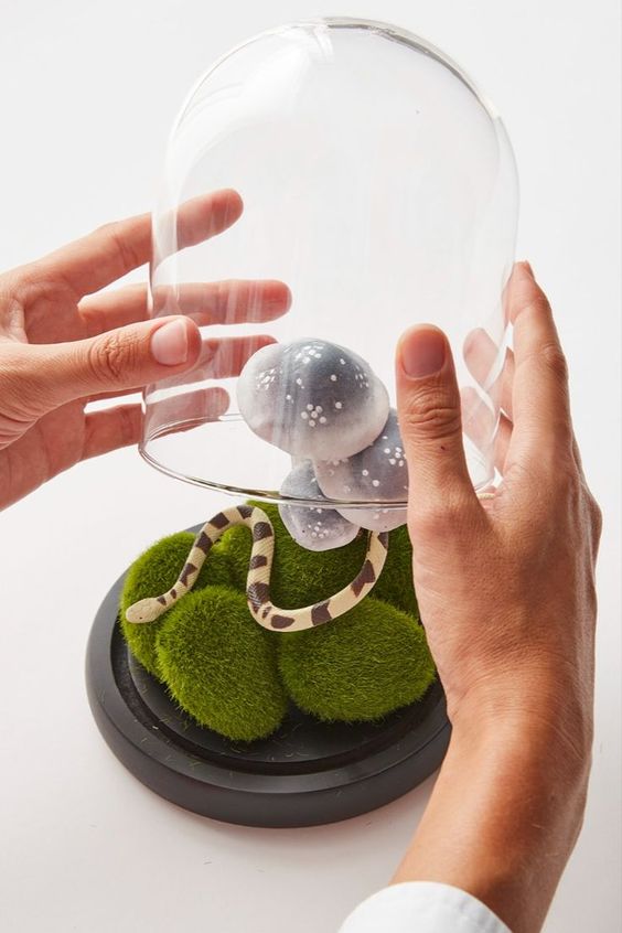 a cool Halloween cloche with moss, a little snake and mushrooms is a creative decoration for the party