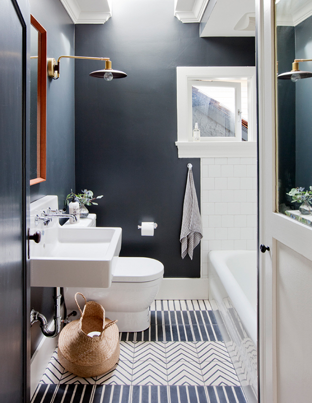 a farmhouse bathroom with a skylight, soot walls, white appliances, a printed rug, a wall lamp and a mirror in a stained frame