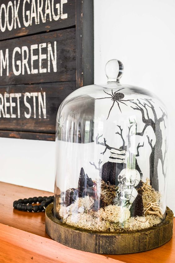a spooky Halloween terrarium with hay, a skeleton, some trees, a spider and some other stuff is a bold and catchy idea