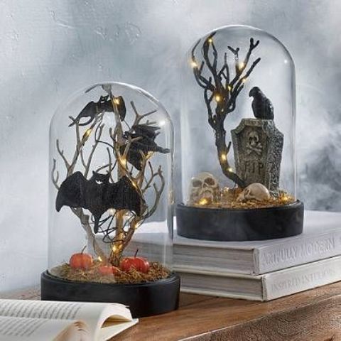 black Halloween cloches with moss, pumpkins, skulls, branches, bats, blackbirds and a tombstone plus lights