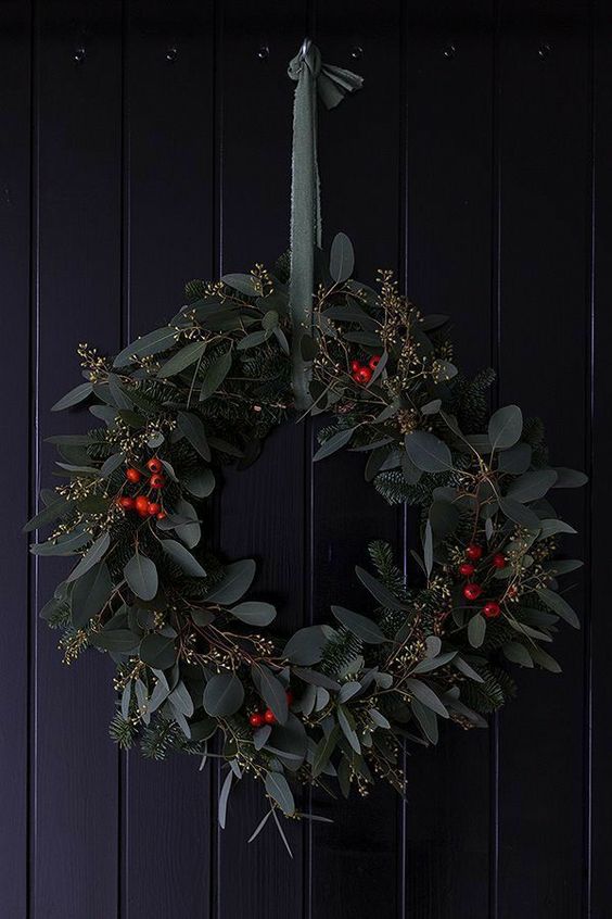 a beautiful modern Christmas wreath of evergreens, eucalyptus and berries is a stylish and timeless solution
