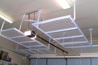21 ceiling-mounted metal shelves for a basement