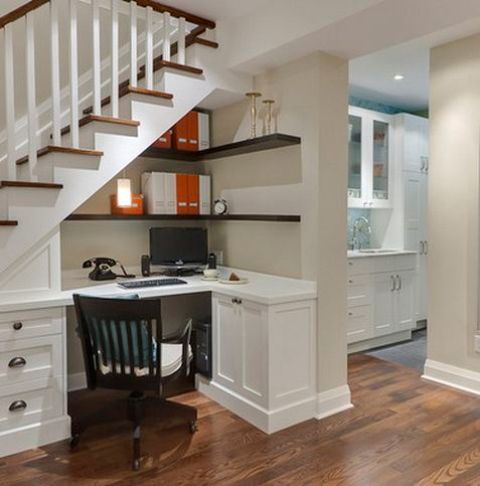 home office corner under a staircase