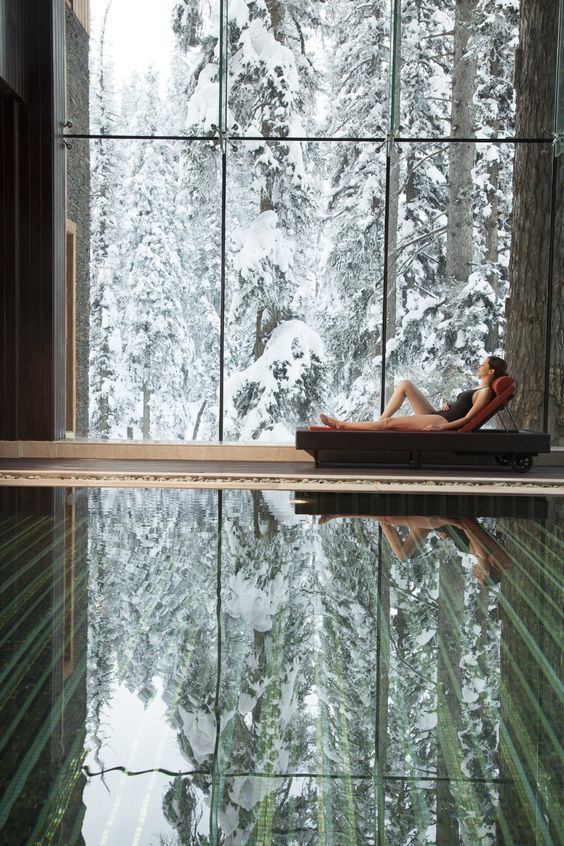 large indoor pool with stunning views