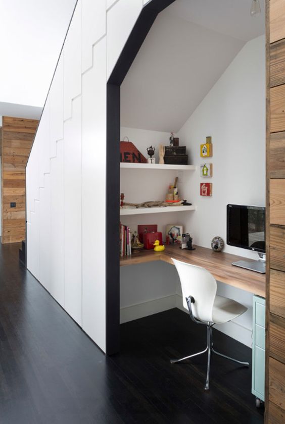 home office corner under the stairs