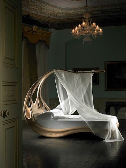 sculptural bed with a canopy