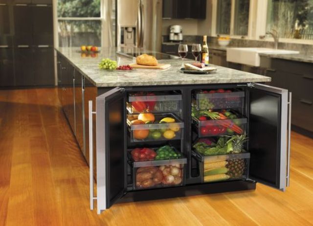 kitchen island with a fridge