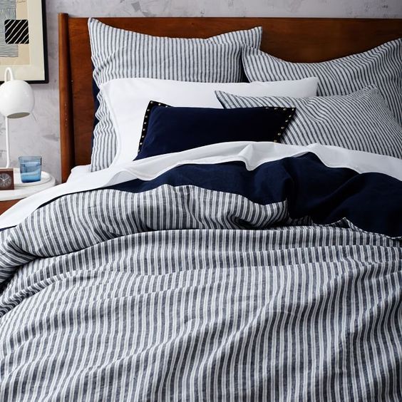 striped navy and white bedding