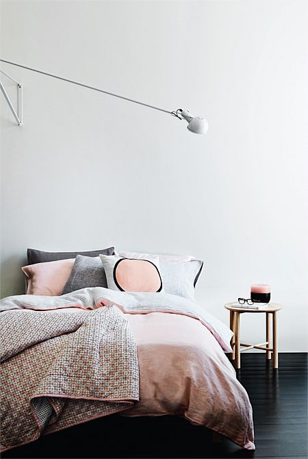 pastel bedding with patterned pieces