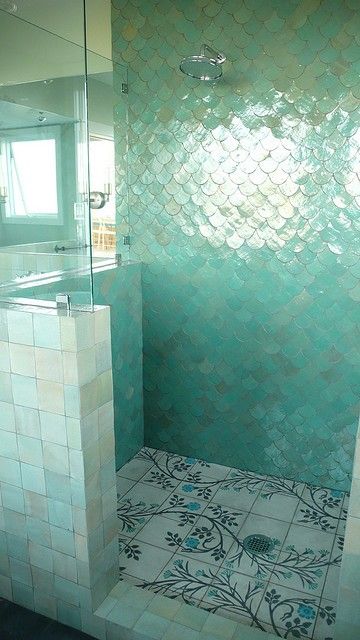 turquoise fish scale shower tiles