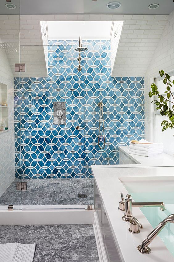 blue patterned mosaic shower tiles