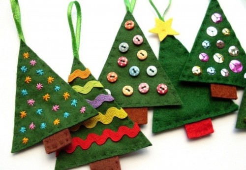 colorful felt Christmas ornament with bright ribbons and buttons and loops are lovely for bold and bright holiday decor