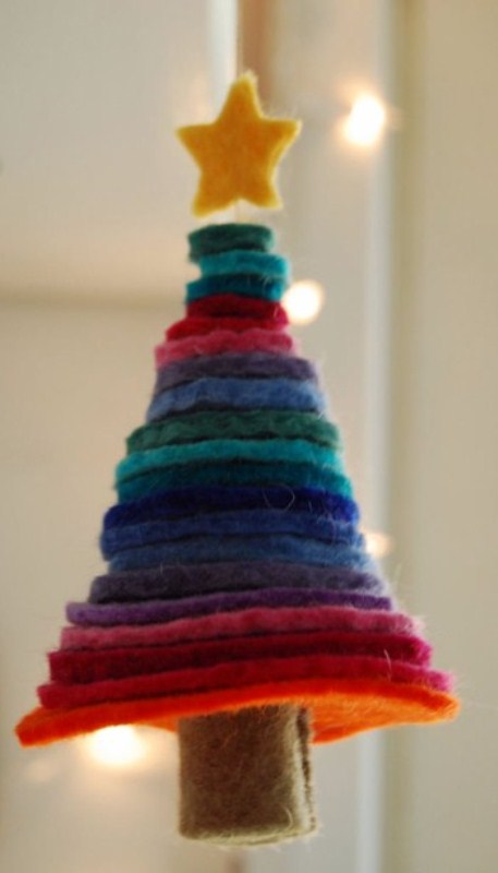 a tree Christmas ornament of stacked colorful felt pieces with a star is a fun and cool ornament you can easily make