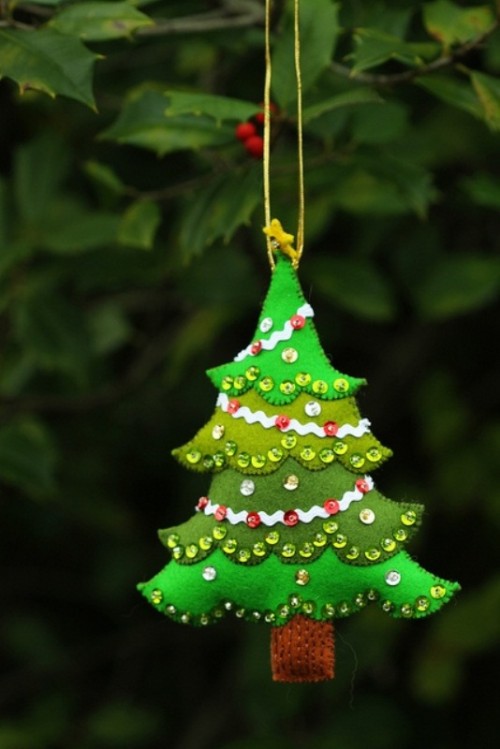 a bright green Christmas tree ornament with beads and sequins is a lovely and bold idea of a holiday decoration
