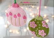 green and pink Christmas ornaments with beads, embroidery and appliques are always great and bright decorations