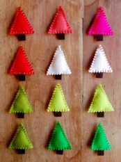green, emerald, red, white and pink simple triangle Christmas ornaments imitating Christmas trees