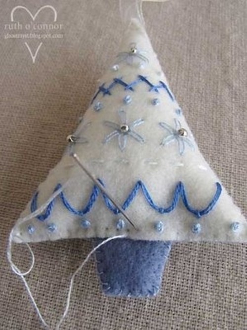 a white and blue Christmas tree ornament with beading and embroidery is a very chic and stylish idea to rock