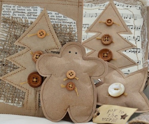 neutral felt Christmas ornaments with white and wooden buttons are lovely rustic holiday decorations that you can easily DIY