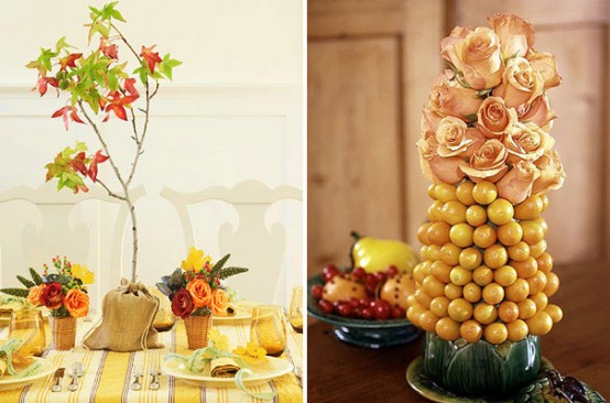 Fall branches spilling from a tall vase add interest to a Thanksgiving table. If your table setting is simple, spice it up with a dramatic focal point like this gorgeous kumquat/roses centerpiece.