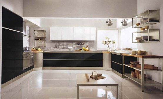 a contemporary black and white kitchen with black lower cabinets and white upper ones, an additional table-like kitchen island matching shelves on the wall