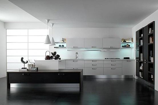 a black and white kitchen with white cabinets, white pendant lamps, a black built-in storage unit and a low black table plus built-in lights