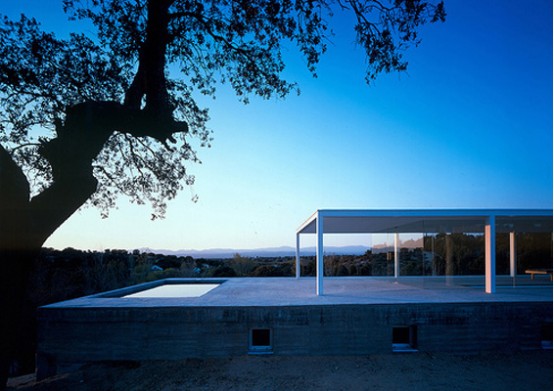 Concrete Box House With Glass Platform On The Top
