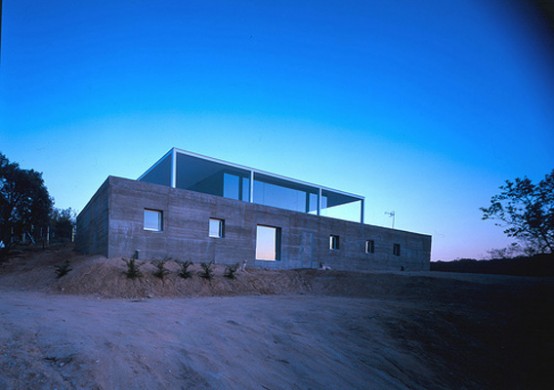 Concrete Box House With Glass Platform On The Top