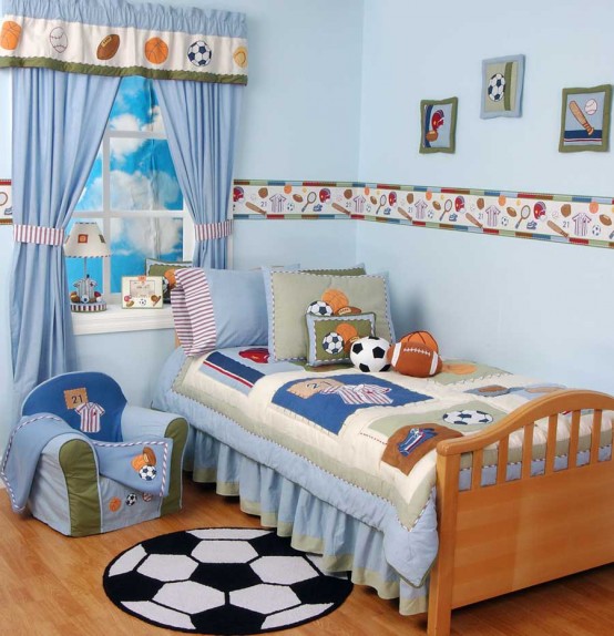 a football-themed blue kid's room with various types of football balls and fun decor is ideal for boys