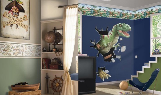 a dino meets pirates boy's room done in navy, green, white and with approppriate decor of both parts