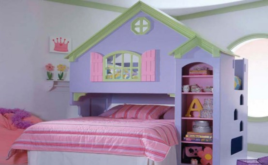 a cozy pastel house or castle-themed kid's room with a lavender house bed, pink bedding and bright furniture