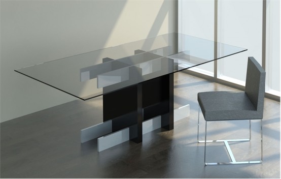a modern dining table with a rectangular tabletop and a catchy geometric and architectural base is a stylish idea