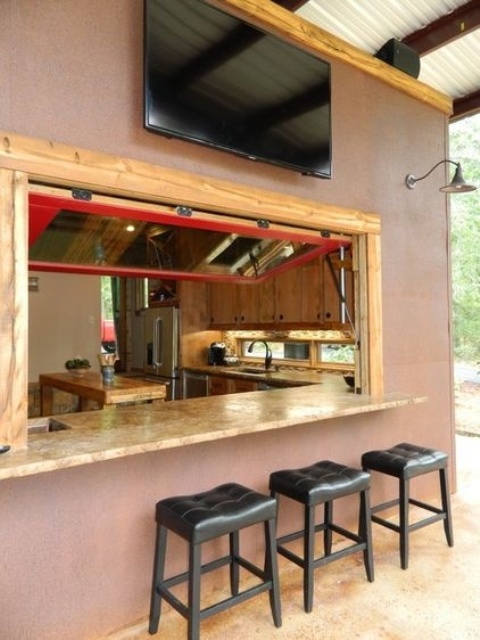 a pass through window is a lovely idea to open your kitchen to outdoors and to have meals and drinks outdoors