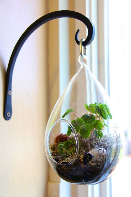 a drop terrarium with greenery, blooms and a fake nest and a faux egg is a pretty decoration to rock for spring