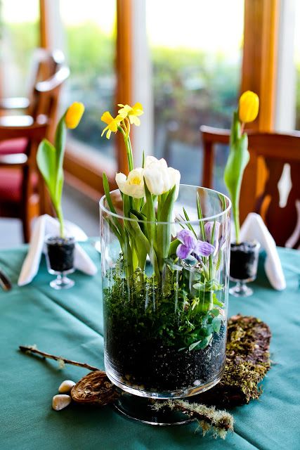 a glass vase with greenery and some spring bulbs is a creative and fresh idea of a spring centerpiece or decoration