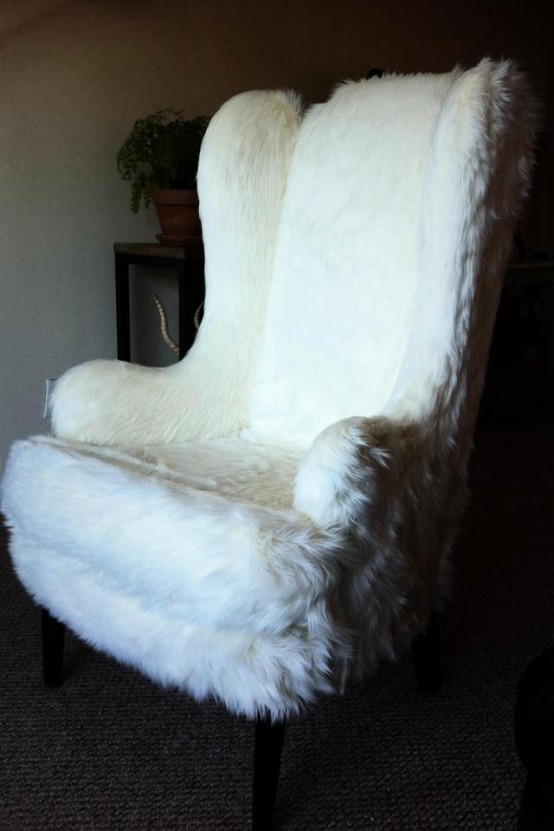 a vintage chair covered with white faux fur is a lovely idea for accenting your space and make it comfortable