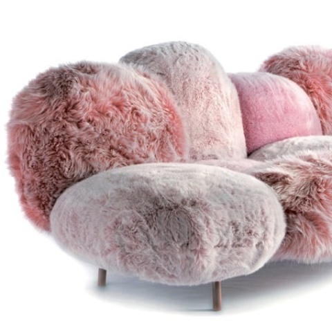 a pink faux fur sofa is a beautiful idea for a modern glam space, it brings a touch of lovely color and texture